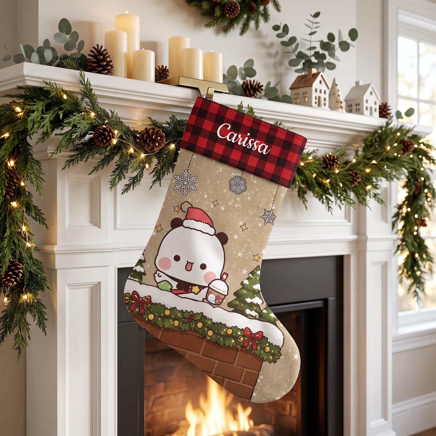 Personalized Bubu & Dudu Buffalo Plaid Christmas Stockings — Cozy Kawaii Keepsake for Couples & Family