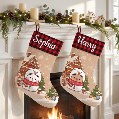 Personalized Bubu & Dudu Snowman Christmas Stockings — Gingerbread House Kawaii Keepsake for Couples & Family