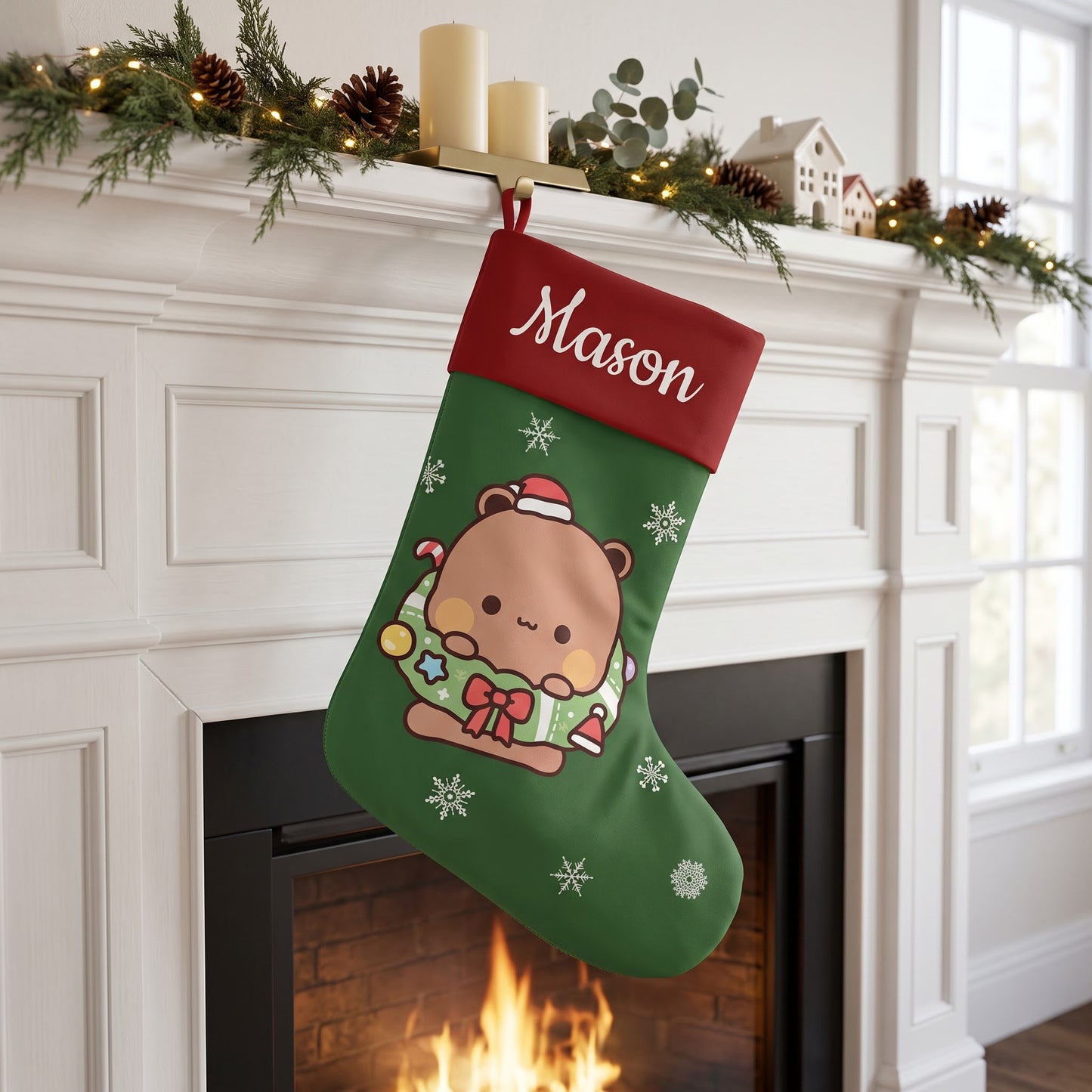Personalized Bubu & Dudu Christmas Stockings – Set of 2 Matching Couple Kawaii Custom Name Green Holiday Stockings