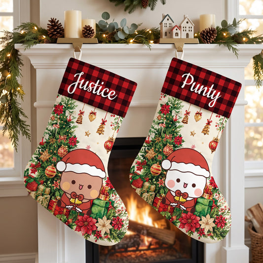 Personalized Bubu & Dudu Christmas Stockings Set of 2 – Custom Name Kawaii Couple Buffalo Plaid Santa Stockings