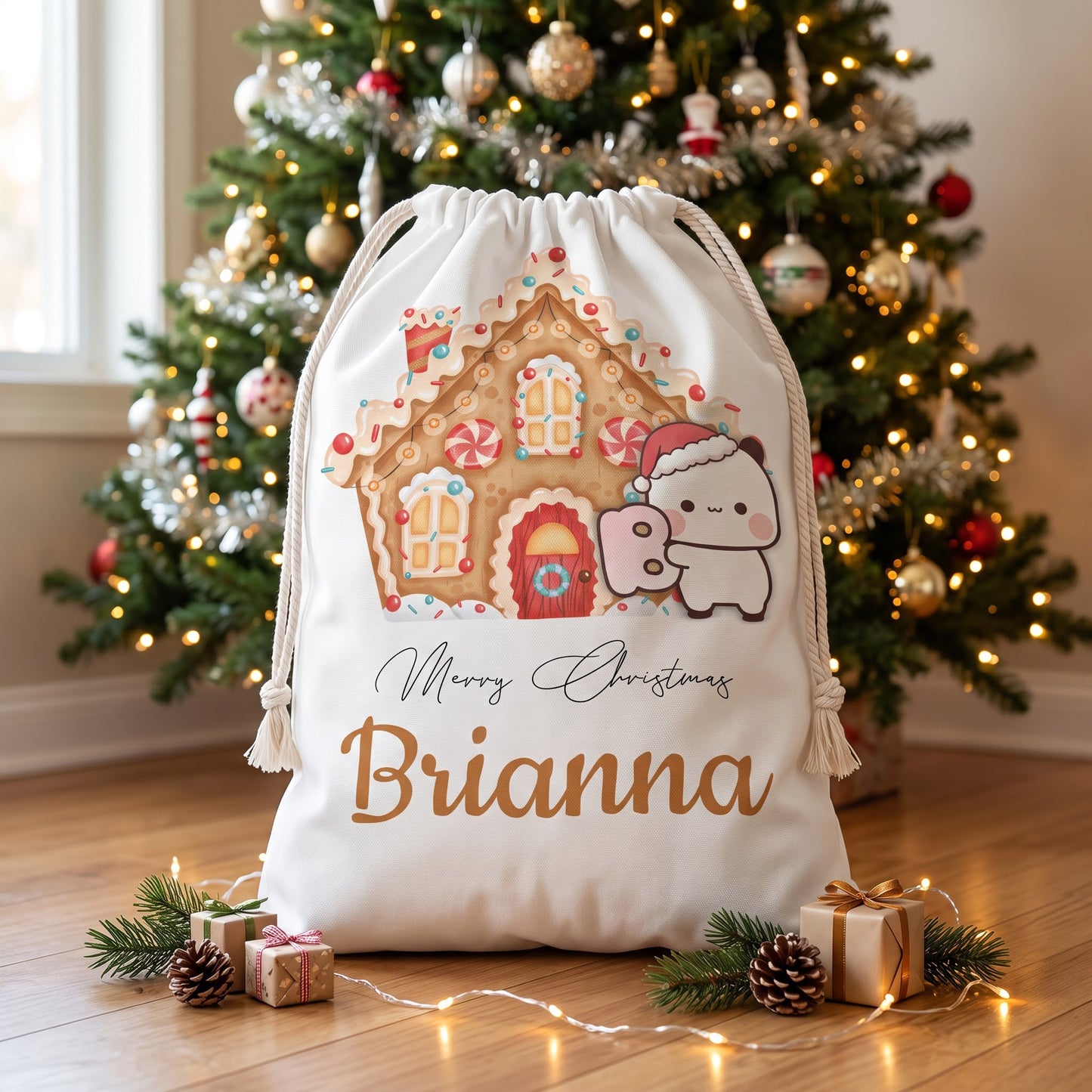 Personalized Bubu & Dudu Christmas Santa Sack – Custom Name Kawaii Gingerbread House Gift Bag