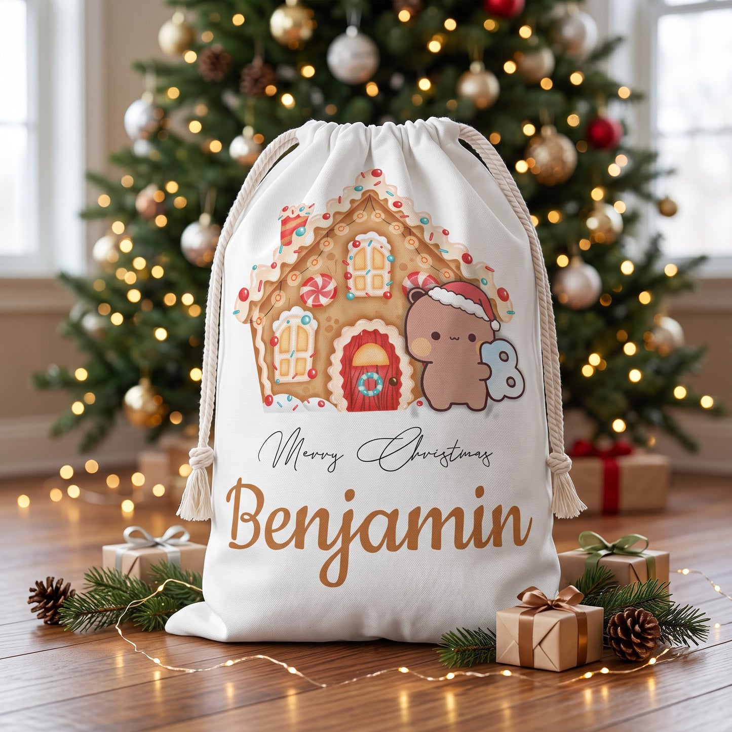 Personalized Bubu & Dudu Christmas Santa Sack – Custom Name Kawaii Gingerbread House Gift Bag
