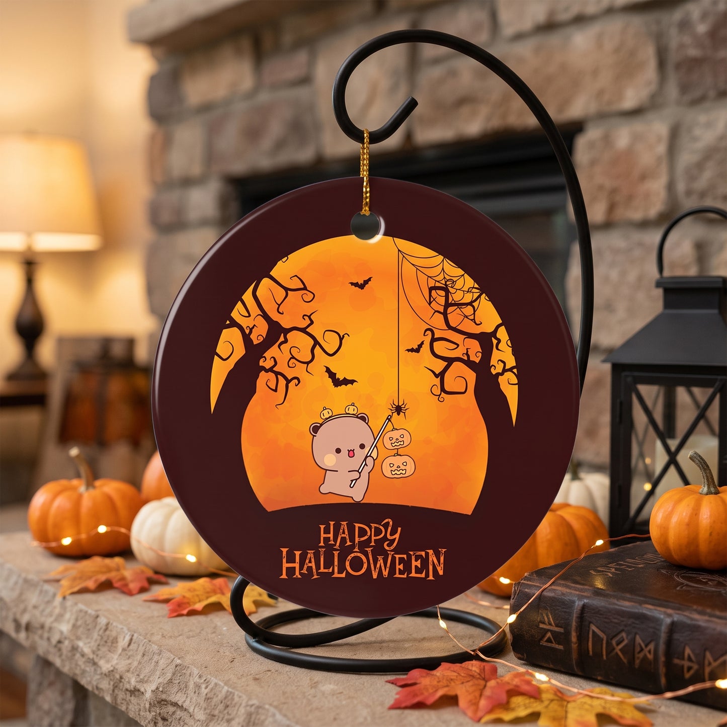 Bubu & Dudu Happy Halloween Ceramic Ornament – Cute Spooky Moon Round Decoration