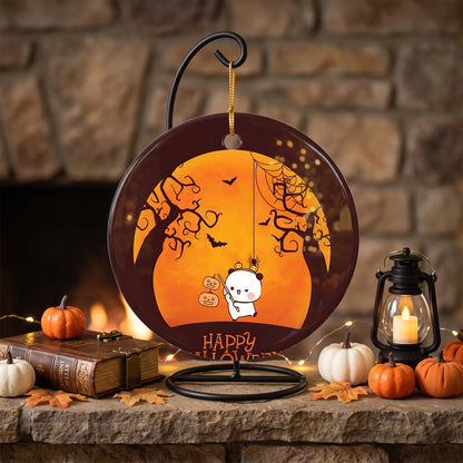 Bubu & Dudu Happy Halloween Ceramic Ornament – Cute Spooky Moon Round Decoration