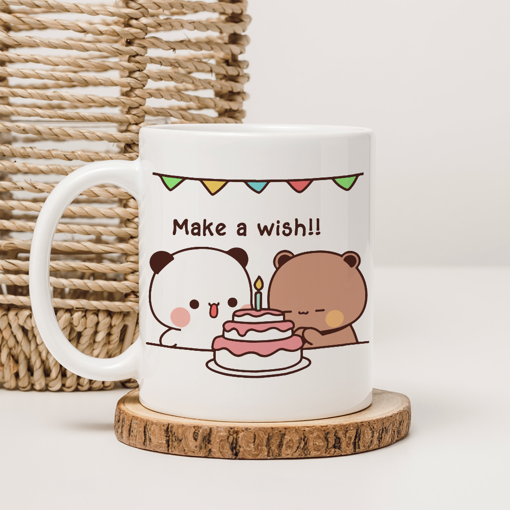 Bubu & Dudu Birthday Couple Mug – Make a Wish & Funny Cake Scene