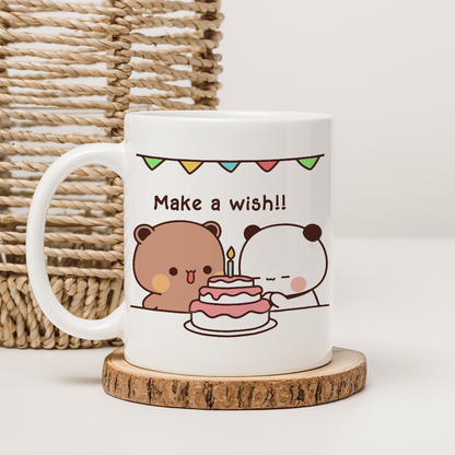 Bubu & Dudu Birthday Couple Mug – Make a Wish & Funny Cake Scene