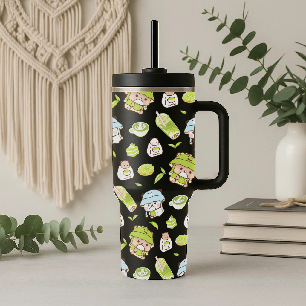 Cute Kawaii Bubu Dudu Matcha Tumbler – Insulated Cup with Handle & Straw