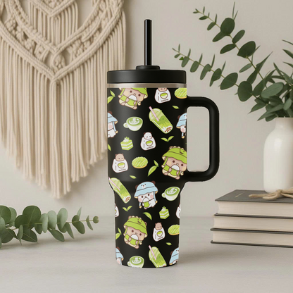 Cute Kawaii Bubu Dudu Matcha Tumbler – Insulated Cup with Handle & Straw