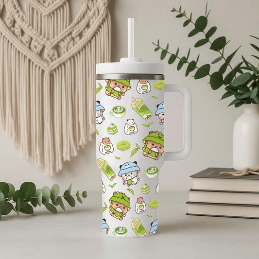 Cute Kawaii Bubu Dudu Matcha Tumbler – Insulated Cup with Handle & Straw