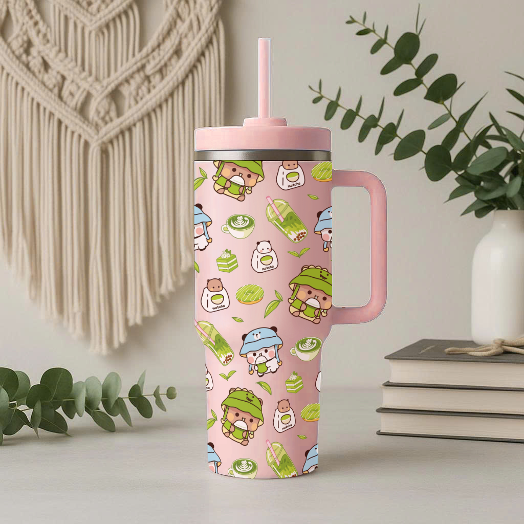 Cute Kawaii Bubu Dudu Matcha Tumbler – Insulated Cup with Handle & Straw