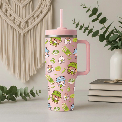 Cute Kawaii Bubu Dudu Matcha Tumbler – Insulated Cup with Handle & Straw