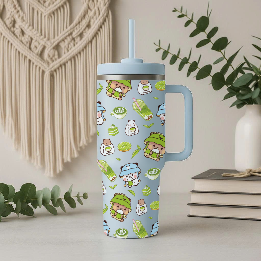 Cute Kawaii Bubu Dudu Matcha Tumbler – Insulated Cup with Handle & Straw