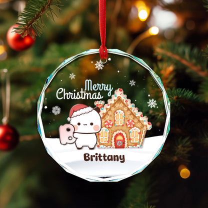 Personalized Bubu & Dudu Christmas Crystal Ornament Set – Custom Name Kawaii Couple Gingerbread Keepsake