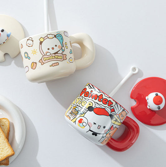 Panda Bubu Cute Breakfast Mug with Lid & Spoon