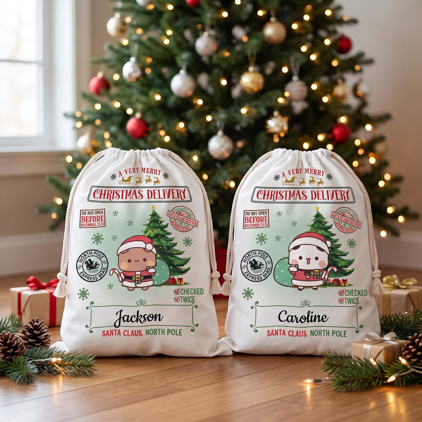 Custom Name Bubu & Dudu Santa Sack – Personalized Christmas Gift Bag Kawaii Delivery