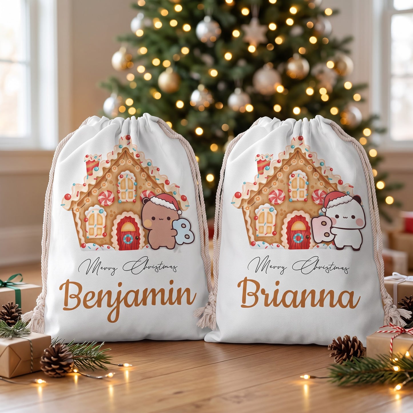 Personalized Bubu & Dudu Christmas Santa Sack – Custom Name Kawaii Gingerbread House Gift Bag