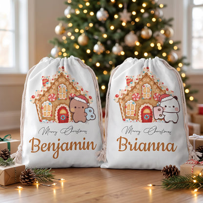 Personalized Bubu & Dudu Christmas Santa Sack – Custom Name Kawaii Gingerbread House Gift Bag