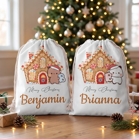 Personalized Bubu & Dudu Christmas Santa Sack – Custom Name Kawaii Gingerbread House Gift Bag