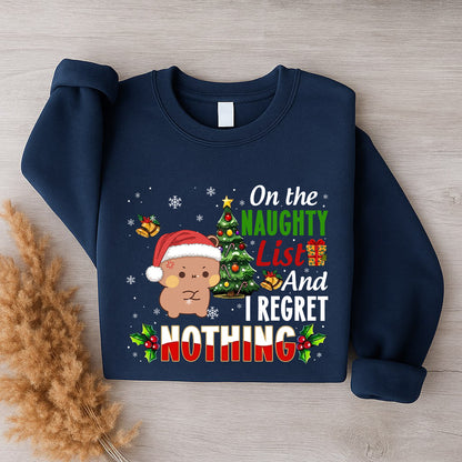 On The Naughty List And I Regret Nothing Sweatshirt | Funny Christmas Matching Couple Sweatshirt
