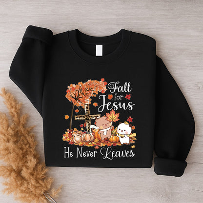 Fall For Jesus Sweatshirt | Christian Fall Sweatshirt, He Never Leaves