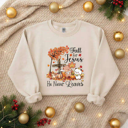 Fall For Jesus Sweatshirt | Christian Fall Sweatshirt, He Never Leaves