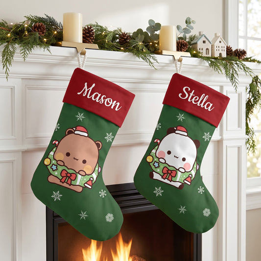Personalized Bubu & Dudu Christmas Stockings – Set of 2 Matching Couple Kawaii Custom Name Green Holiday Stockings