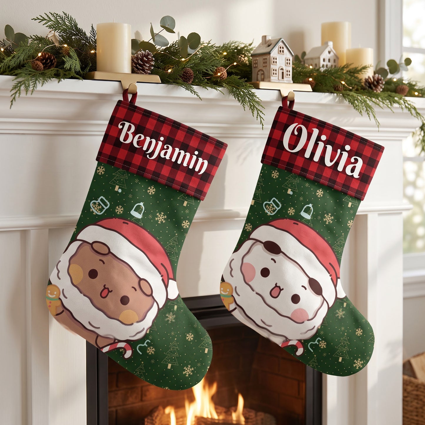 Personalized Bubu & Dudu Christmas Stockings – Set of 2 Matching Couple Kawaii Santa Buffalo Plaid Custom Name Stockings