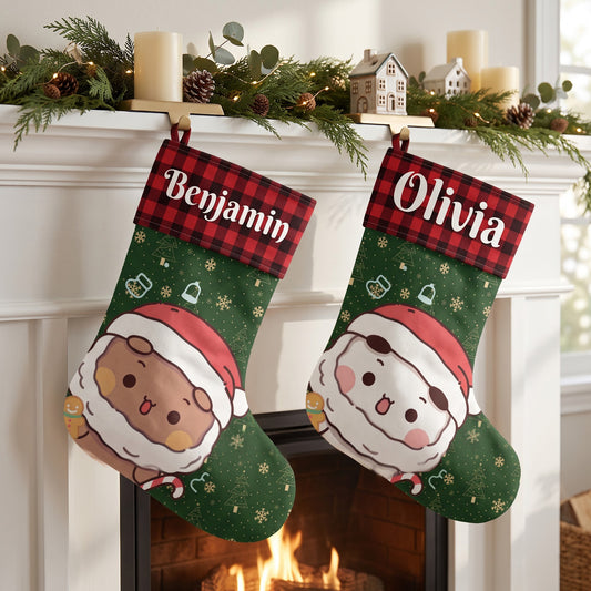 Personalized Bubu & Dudu Christmas Stockings – Set of 2 Matching Couple Kawaii Santa Buffalo Plaid Custom Name Stockings