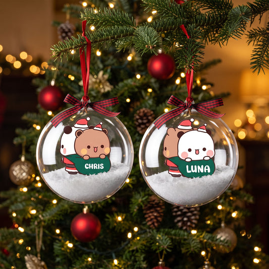 Personalized Bubu & Dudu Christmas Snow Globe Ornament – Custom Name Kawaii Couple Bauble