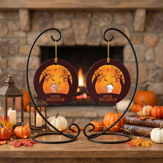 Bubu & Dudu Happy Halloween Ceramic Ornament – Cute Spooky Moon Round Decoration