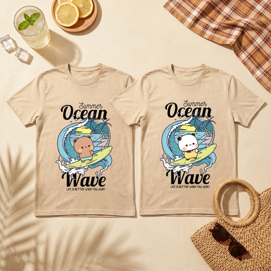 Matching Beach Couple Shirts | Summer Ocean Wave Bubu & Dudu Surf Tees
