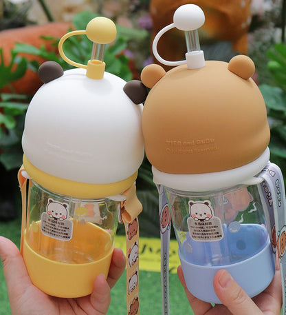 Bubu & Dudu Kawaii Bear Water Bottle – with Silicone Lid & Fabric Strap