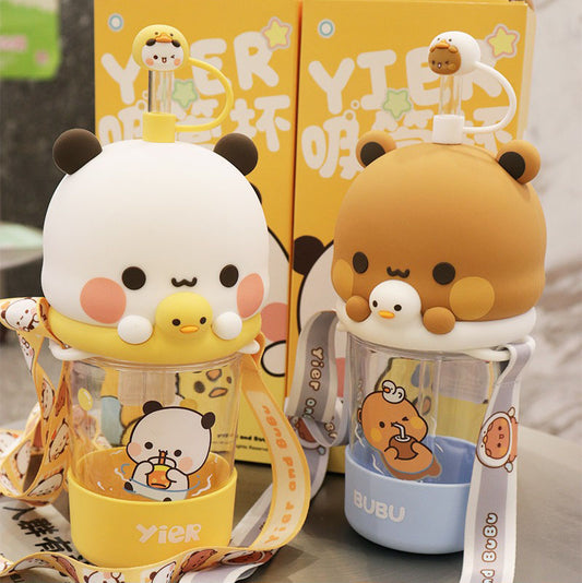 Bubu & Dudu Kawaii Bear Water Bottle – with Silicone Lid & Fabric Strap