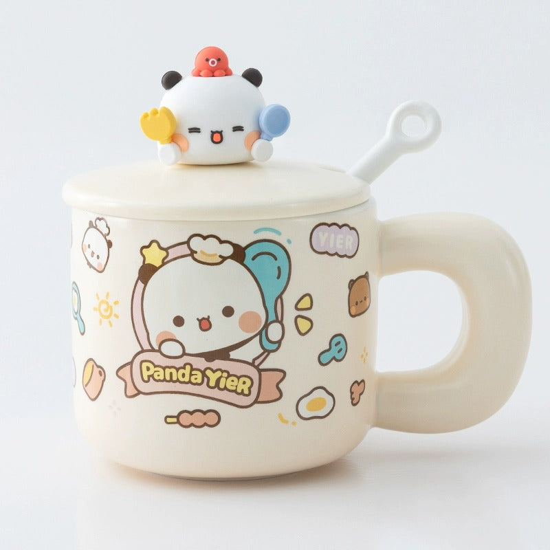 Panda Bubu Cute Breakfast Mug with Lid & Spoon