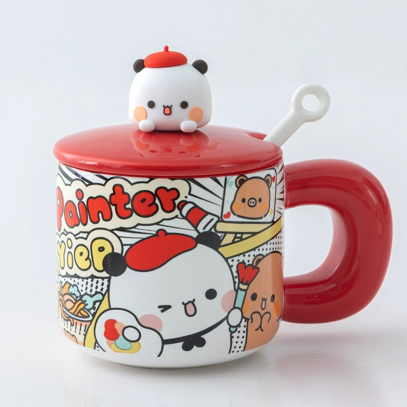 Panda Bubu Cute Breakfast Mug with Lid & Spoon