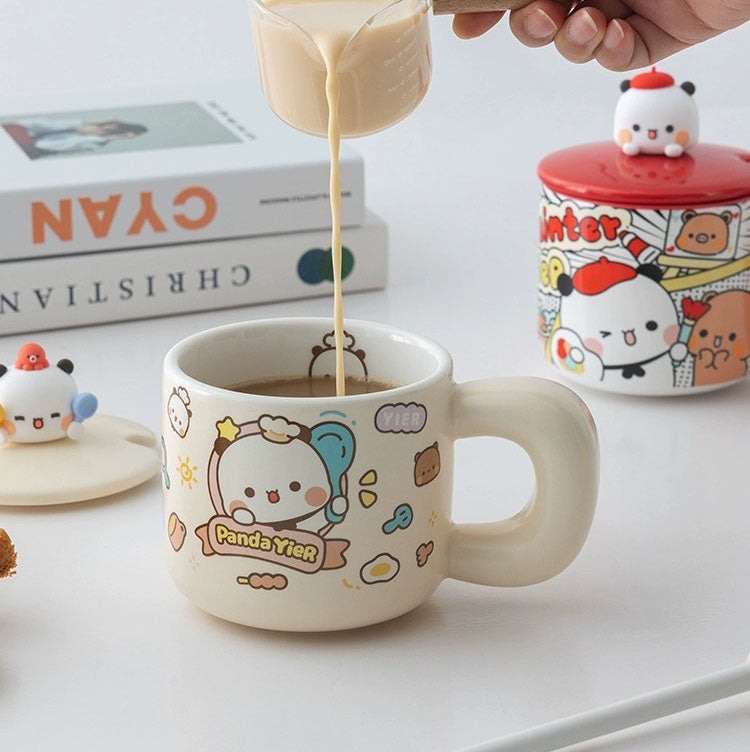 Panda Bubu Cute Breakfast Mug with Lid & Spoon