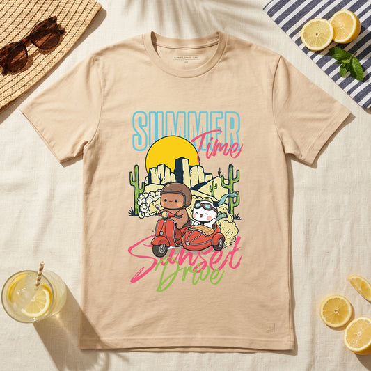 Summer Sunset Ride Graphic T-Shirt | 100% Cotton Retro Adventure Tee