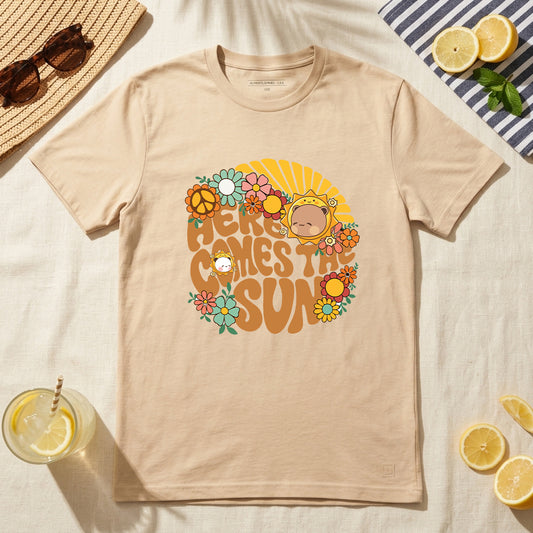 Here Comes The Sun Retro Summer Graphic T-Shirt | 100% Cotton Sunshine Tee