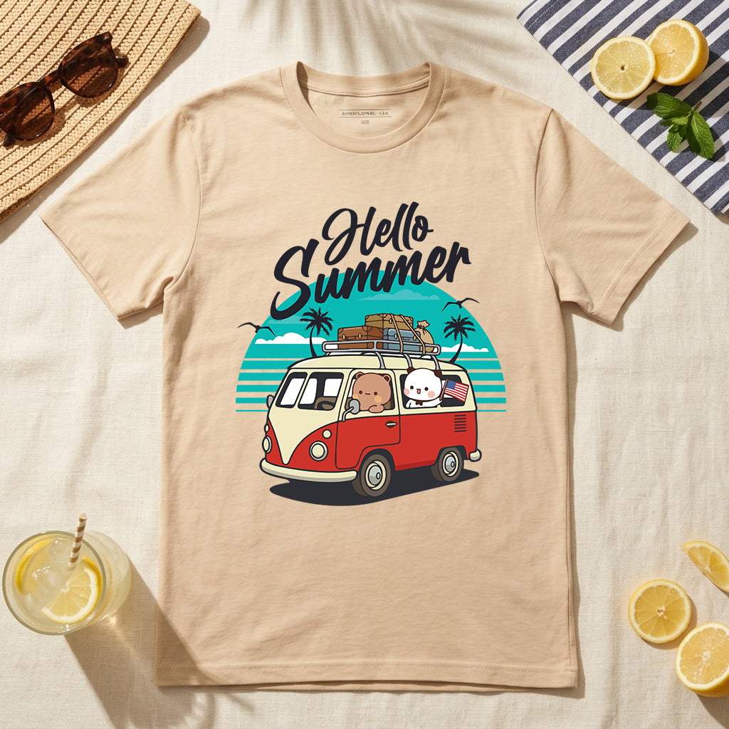 Hello Summer Retro Beach Graphic T-Shirt | 100% Cotton Vacation Tee